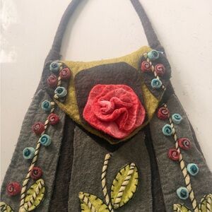 Floral Embellished Brown and Yellow Women's felt Bag